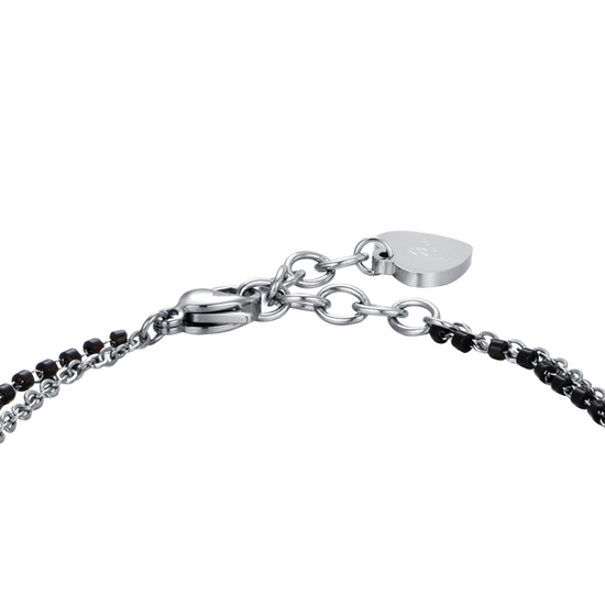 PULSERA DE ACERO PARA MUJER CON CORAZONES, ELEMENTOS NEGROS Y CRISTAL BLANCO