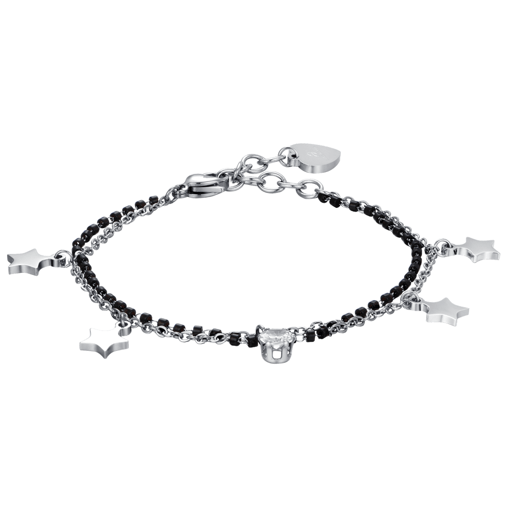 PULSERA DE ACERO PARA MUJER CON ESTRELLAS, ELEMENTOS IP NEGROS Y CRISTAL BLANCO