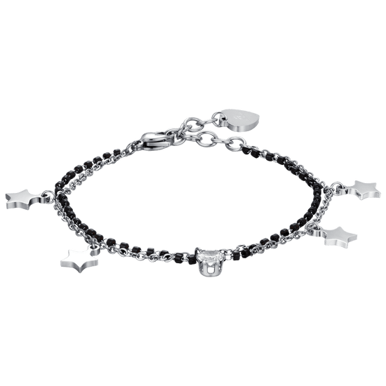 PULSERA DE ACERO PARA MUJER CON ESTRELLAS, ELEMENTOS IP NEGROS Y CRISTAL BLANCO
