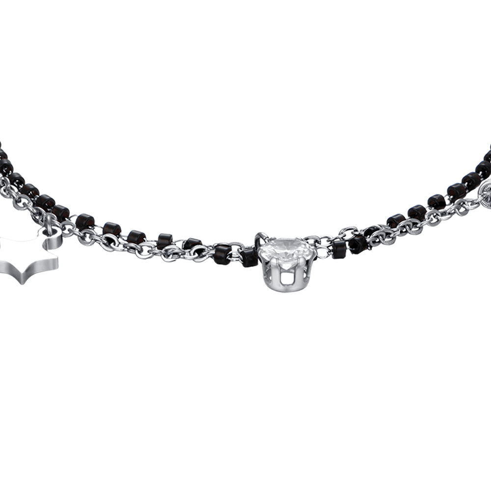 PULSERA DE ACERO PARA MUJER CON ESTRELLAS, ELEMENTOS IP NEGROS Y CRISTAL BLANCO