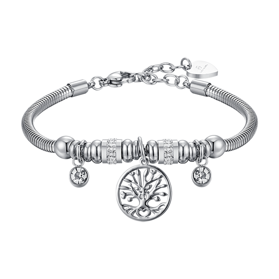 PULSERA DE ACERO PARA MUJER CON ÁRBOL DE LA VIDA Y CRISTALES BLANCOS