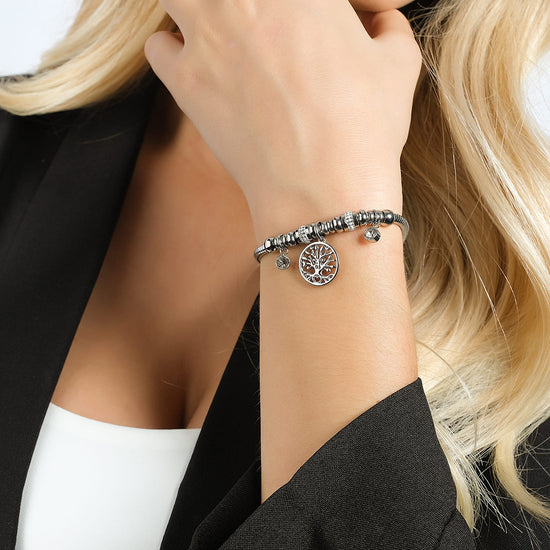 PULSERA DE ACERO PARA MUJER CON ÁRBOL DE LA VIDA Y CRISTALES BLANCOS