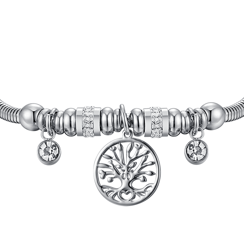 PULSERA DE ACERO PARA MUJER CON ÁRBOL DE LA VIDA Y CRISTALES BLANCOS