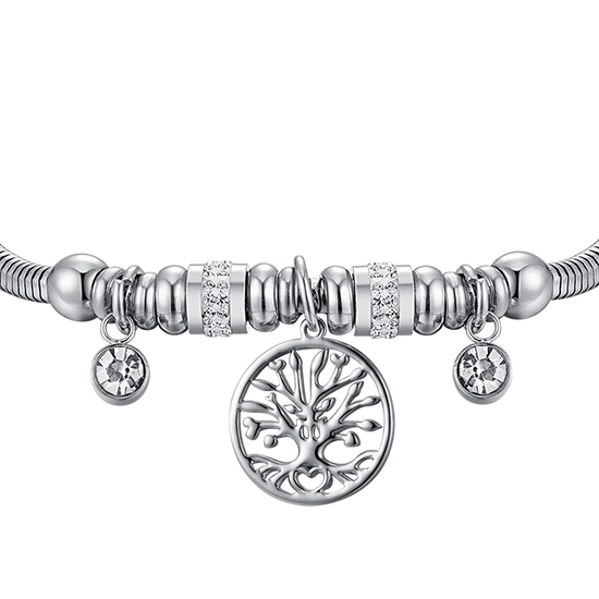 PULSERA DE ACERO PARA MUJER CON ÁRBOL DE LA VIDA Y CRISTALES BLANCOS