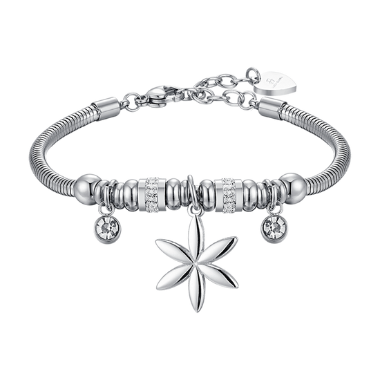 PULSERA DE ACERO PARA MUJER CON FLOR DE LA VIDA Y CRISTALES BLANCOS