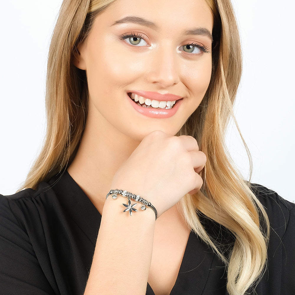 PULSERA DE ACERO PARA MUJER CON FLOR DE LA VIDA Y CRISTALES BLANCOS