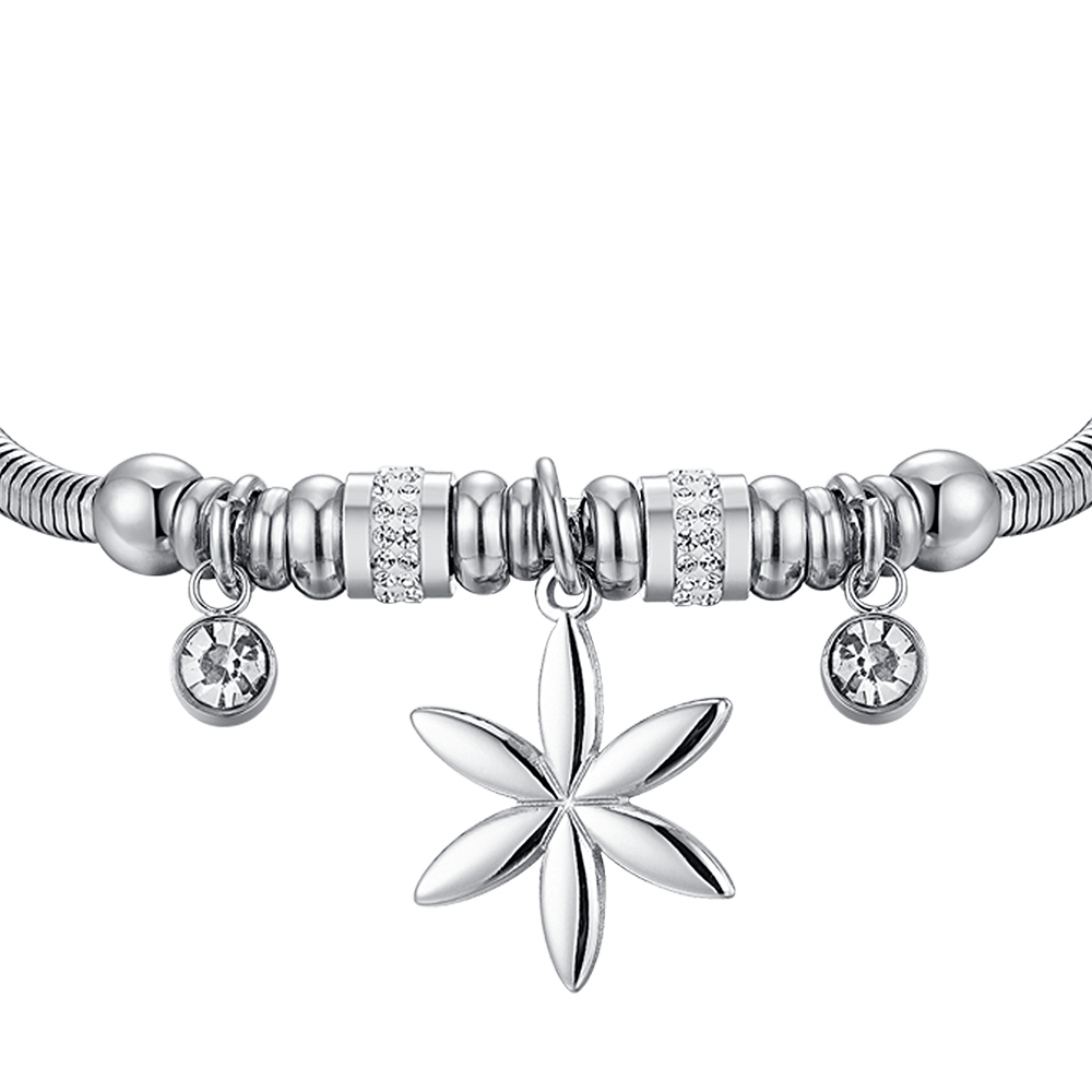 PULSERA DE ACERO PARA MUJER CON FLOR DE LA VIDA Y CRISTALES BLANCOS