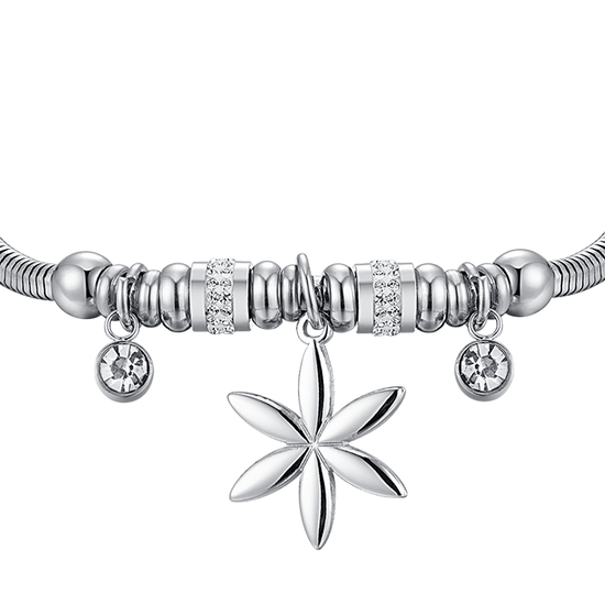 PULSERA DE ACERO PARA MUJER CON FLOR DE LA VIDA Y CRISTALES BLANCOS