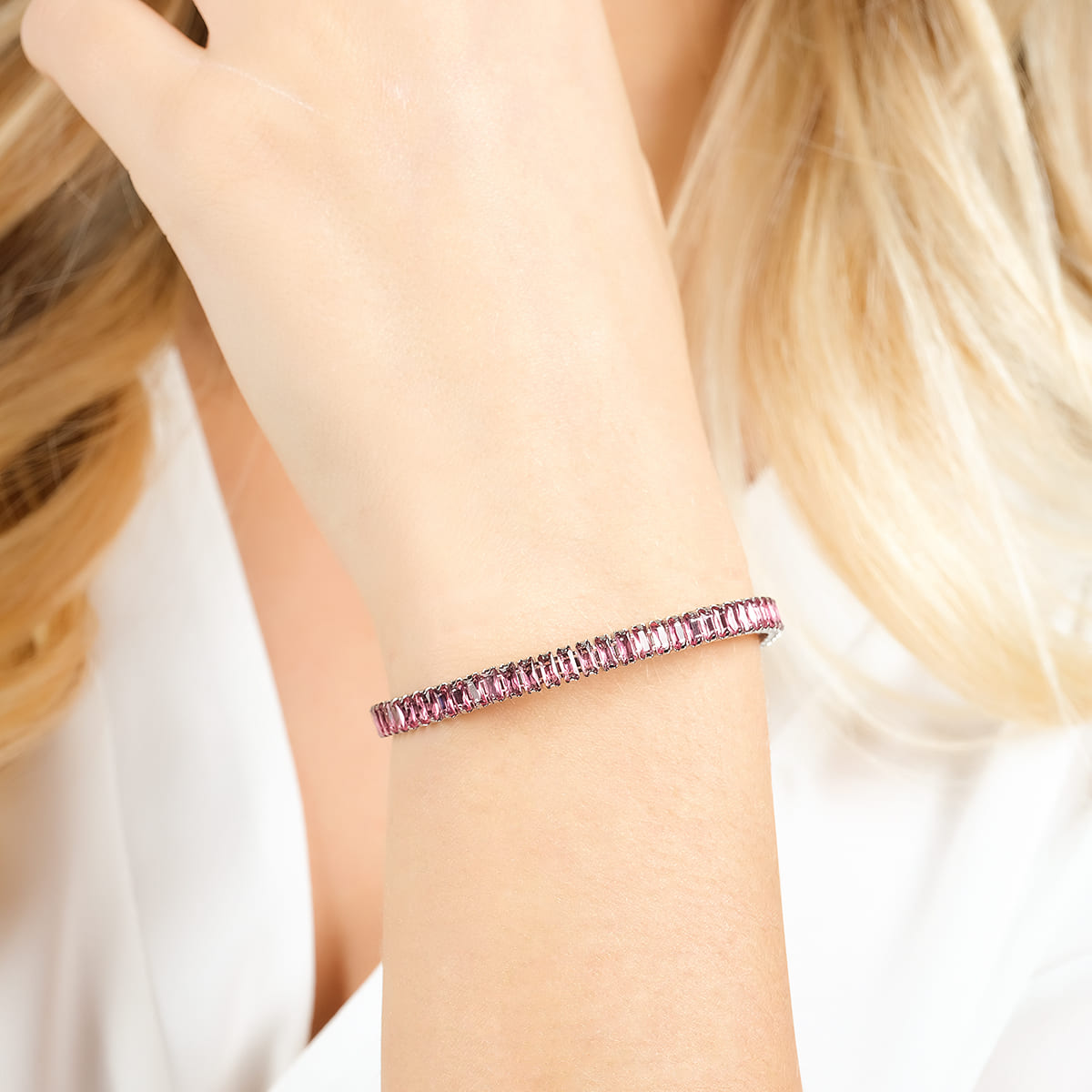 PULSERA DE ACERO PARA MUJER CON CRISTALES FUCSIA