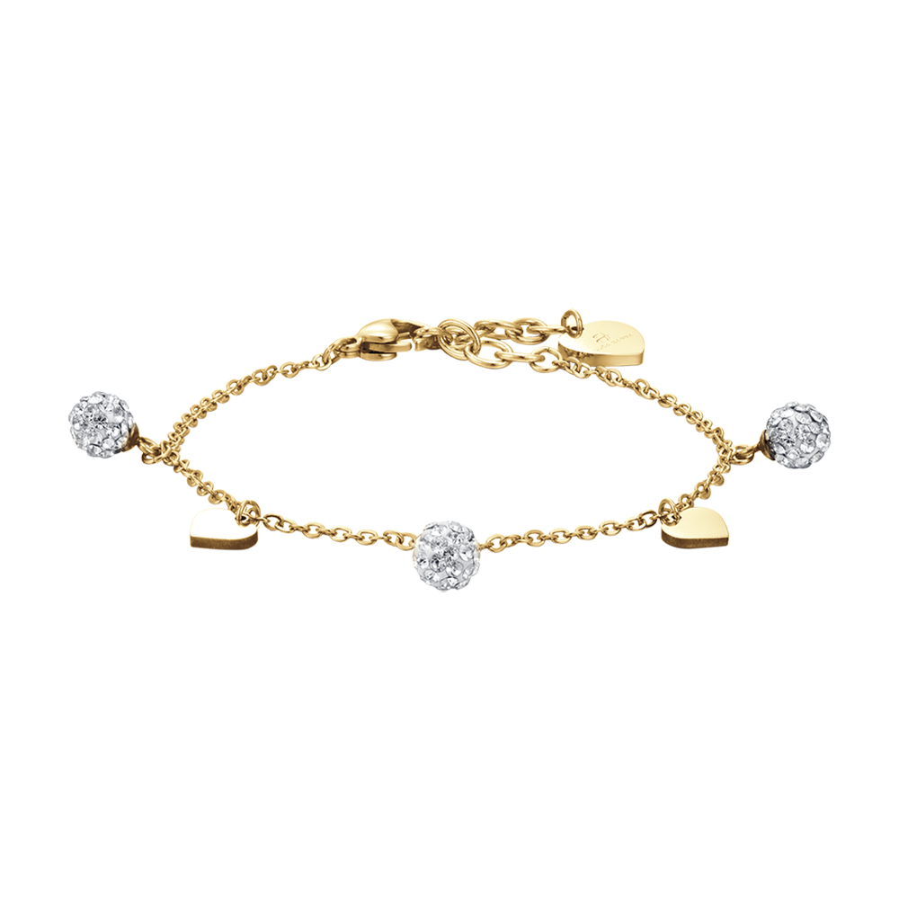 IP PULSERA DE ACERO DORADO PARA MUJER CON CORAZONES Y CRISTALES BLANCOS
