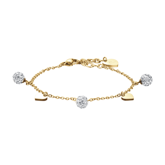 IP PULSERA DE ACERO DORADO PARA MUJER CON CORAZONES Y CRISTALES BLANCOS