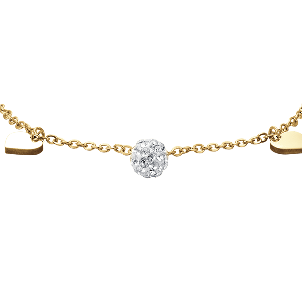 IP PULSERA DE ACERO DORADO PARA MUJER CON CORAZONES Y CRISTALES BLANCOS