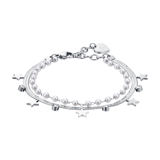 PULSERA DE ACERO PARA MUJER CON PERLAS BLANCAS, ESTRELLAS Y CRISTALES