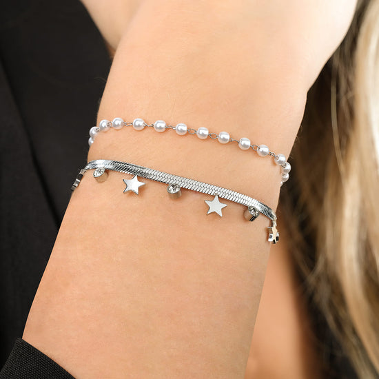 PULSERA DE MUJER EN ACERO CON PERLAS BLANCAS, ESTRELLAS Y CRISTALES Luca Barra