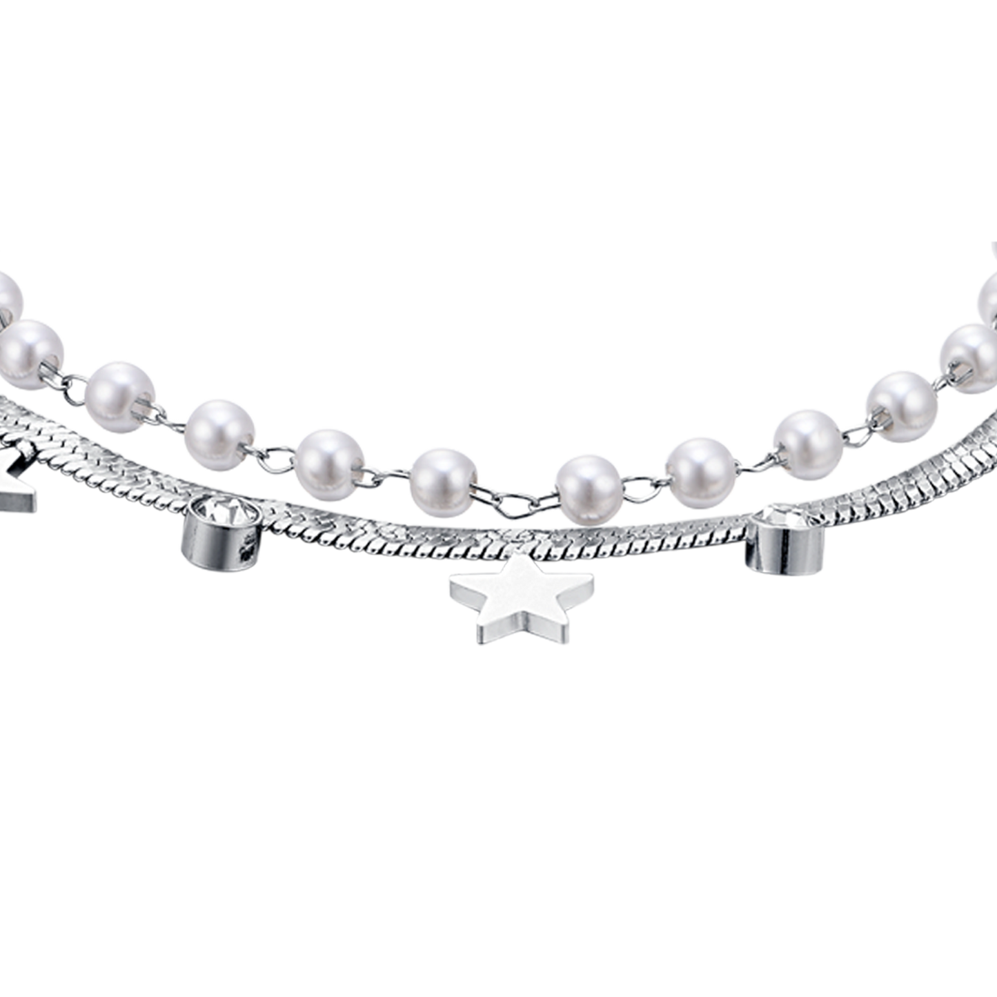 PULSERA DE ACERO PARA MUJER CON PERLAS BLANCAS, ESTRELLAS Y CRISTALES