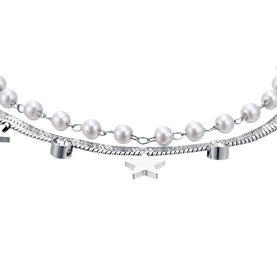 PULSERA DE ACERO PARA MUJER CON PERLAS BLANCAS, ESTRELLAS Y CRISTALES