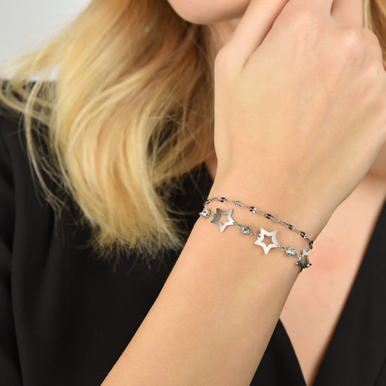 PULSERA MULTIFILAMENTO DE ACERO PARA MUJER CON ESTRELLAS CALADAS Y CRISTALES BLANCOS