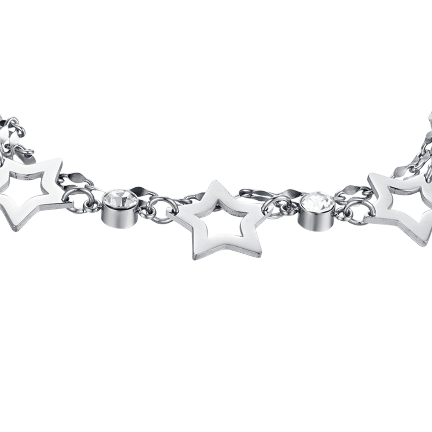 PULSERA MULTIFILAMENTO DE ACERO PARA MUJER CON ESTRELLAS CALADAS Y CRISTALES BLANCOS