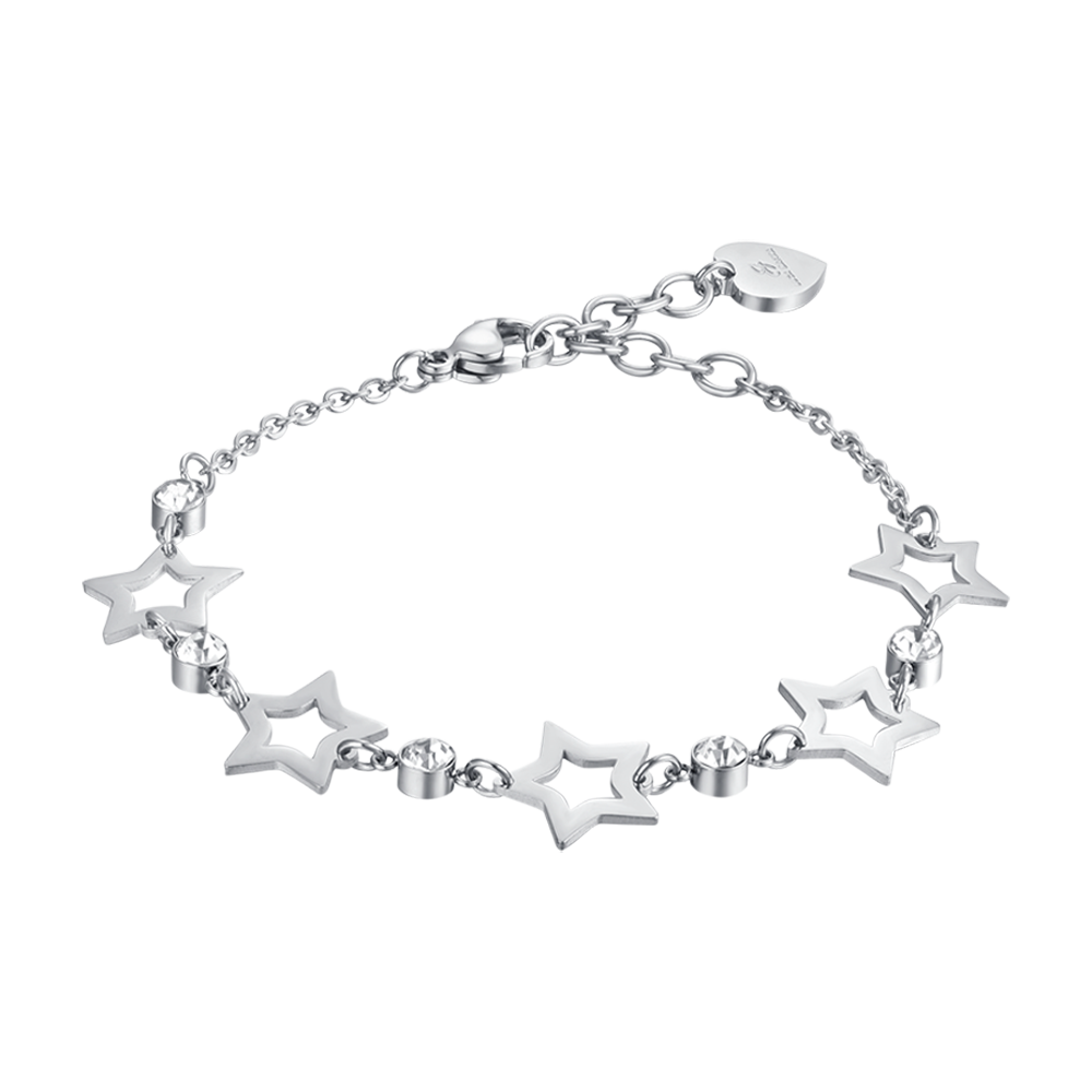 PULSERA DE ACERO PARA MUJER CON ESTRELLAS CALADAS Y CRISTALES BLANCOS