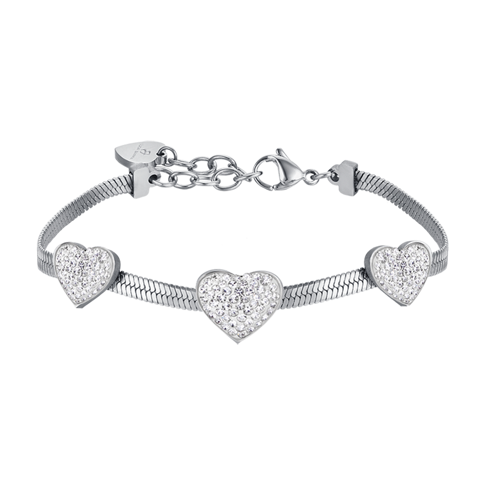 PULSERA DE SERPIENTE PARA MUJER EN ACERO CON CORAZONES Y CRISTALES BLANCOS Luca Barra