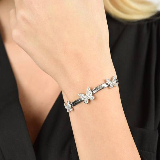 PULSERA DE ACERO SERPIENTE PARA MUJER CON MARIPOSAS CON CRISTALES BLANCOS
