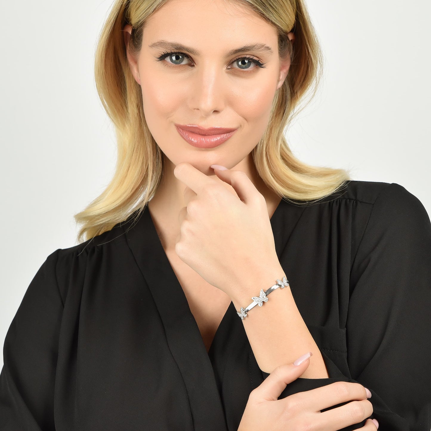 PULSERA DE ACERO SERPIENTE PARA MUJER CON MARIPOSAS CON CRISTALES BLANCOS