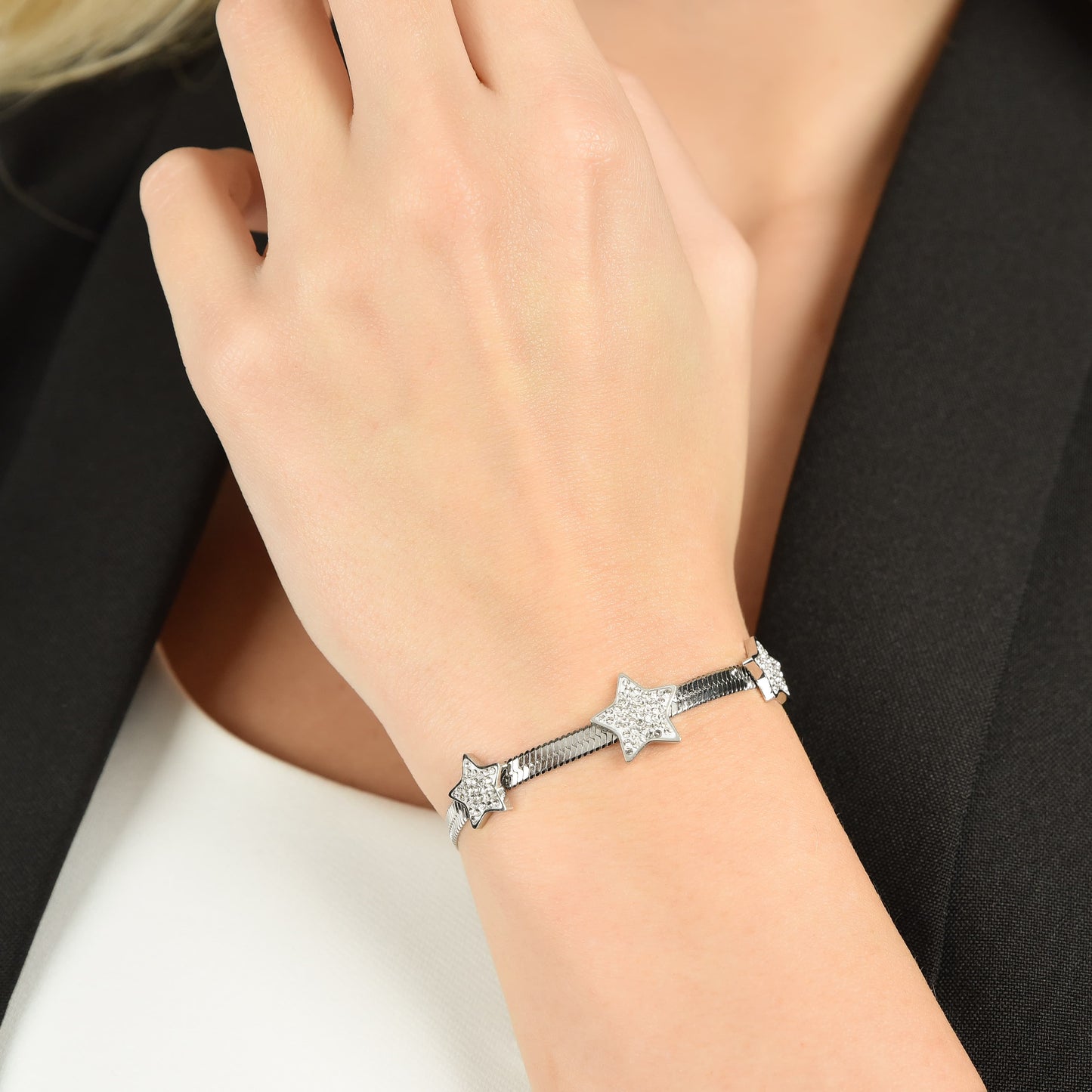PULSERA DE ACERO SERPIENTE PARA MUJER CON ESTRELLAS CON CRISTALES BLANCOS