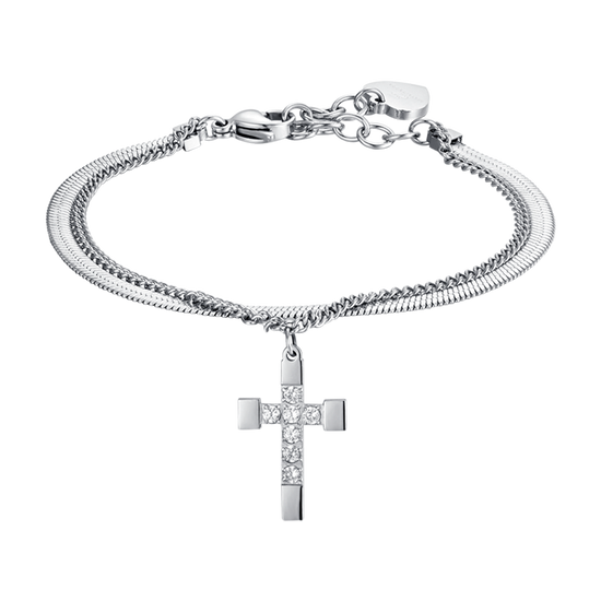 PULSERA CRUZ DE ACERO PARA MUJER CON CRISTALES BLANCOS