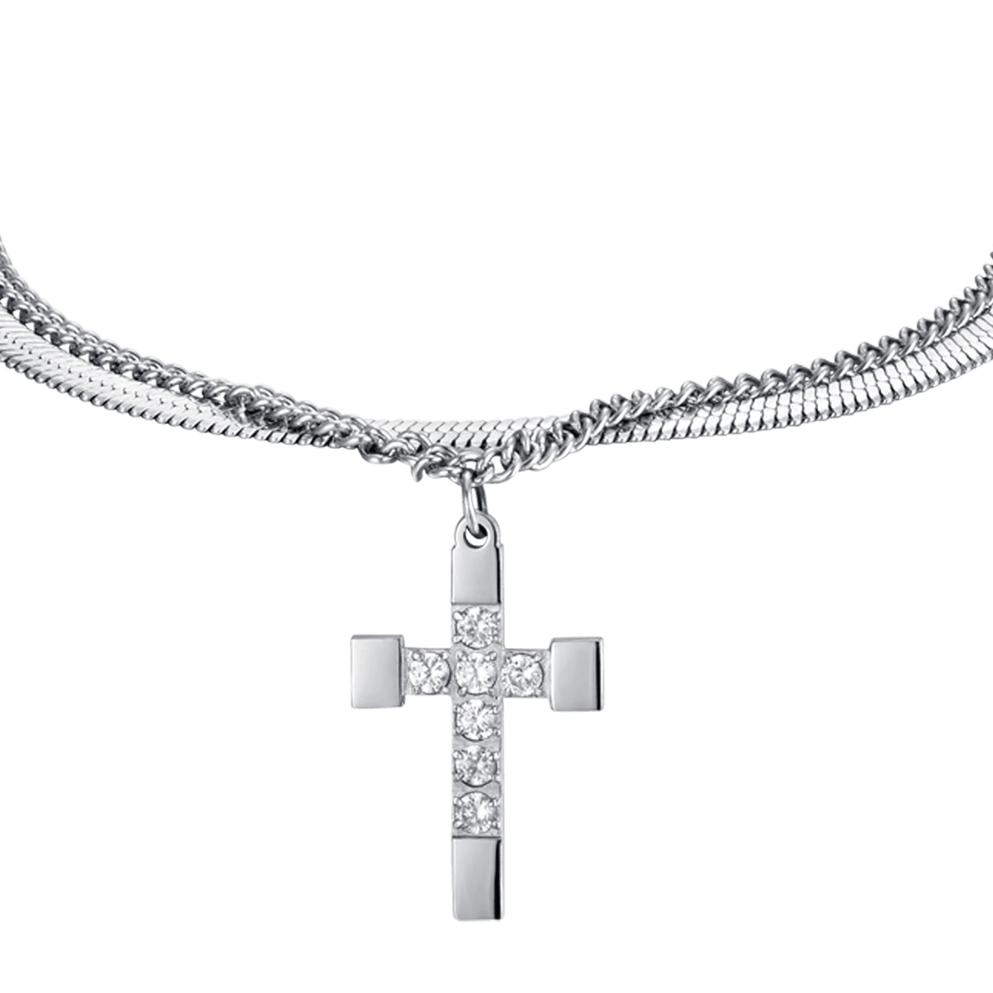PULSERA CRUZ DE ACERO PARA MUJER CON CRISTALES BLANCOS