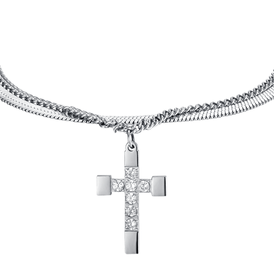 PULSERA CRUZ DE ACERO PARA MUJER CON CRISTALES BLANCOS
