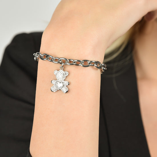 PULSERA DE ACERO PARA MUJER CON OSO CON CRISTALES BLANCOS