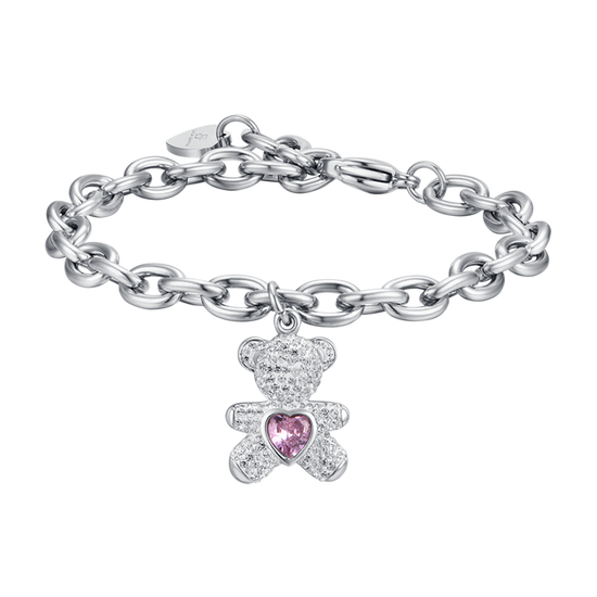 PULSERA DE ACERO PARA MUJER CON OSO CON CRISTALES ROSAS Y BLANCOS