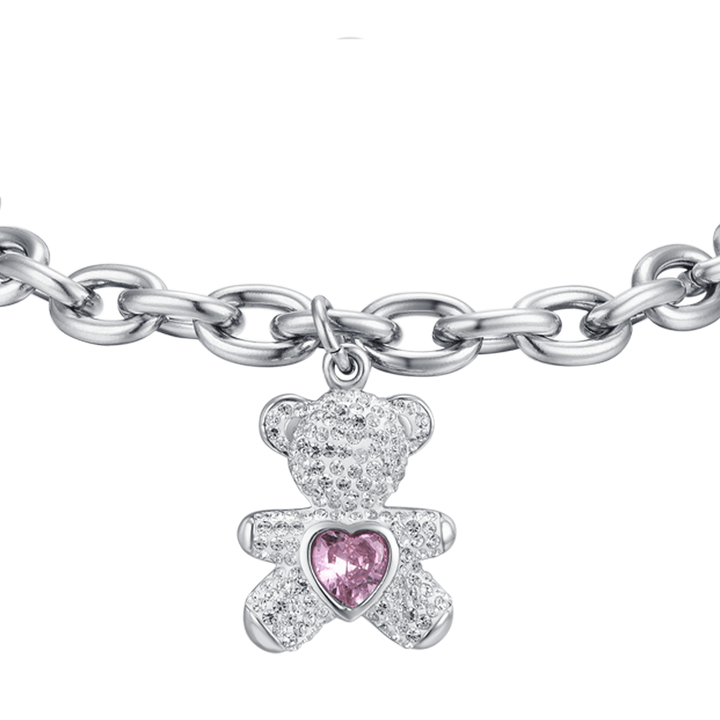 PULSERA DE ACERO PARA MUJER CON OSO CON CRISTALES ROSAS Y BLANCOS