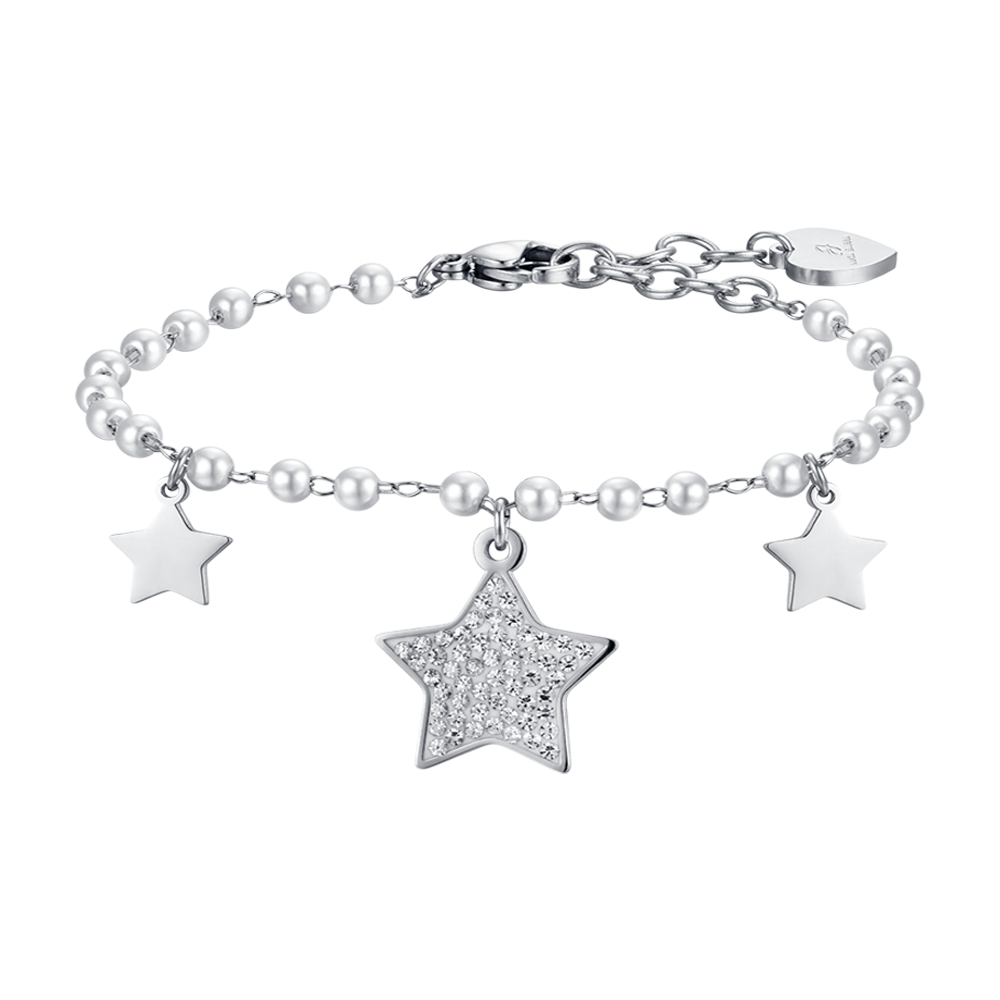 PULSERA DE ACERO PARA MUJER CON PERLAS BLANCAS Y ESTRELLAS