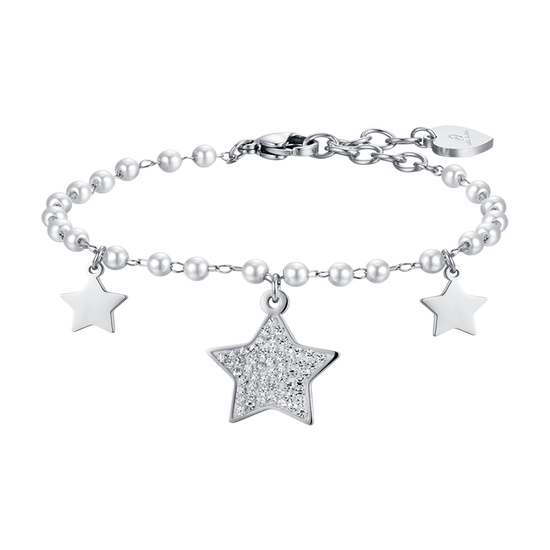 PULSERA DE ACERO PARA MUJER CON PERLAS BLANCAS Y ESTRELLAS