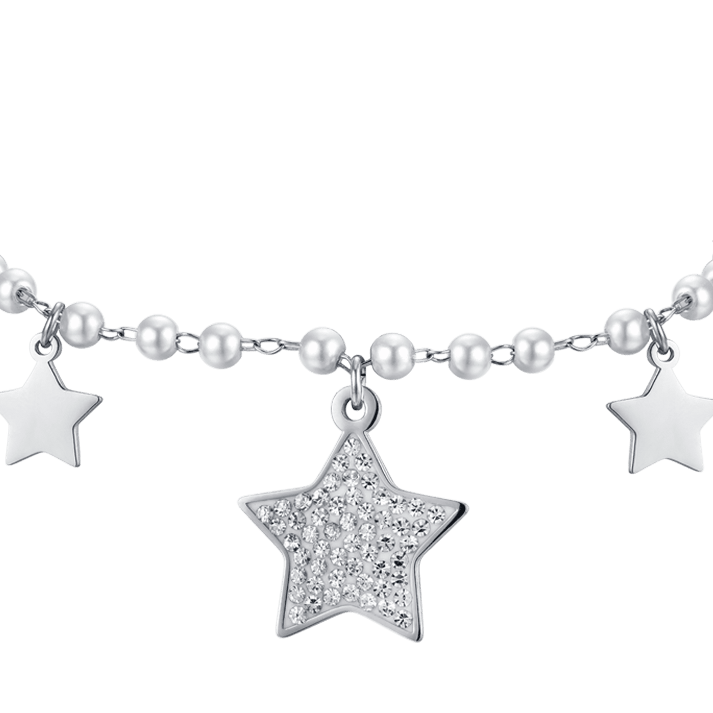 PULSERA DE ACERO PARA MUJER CON PERLAS BLANCAS Y ESTRELLAS