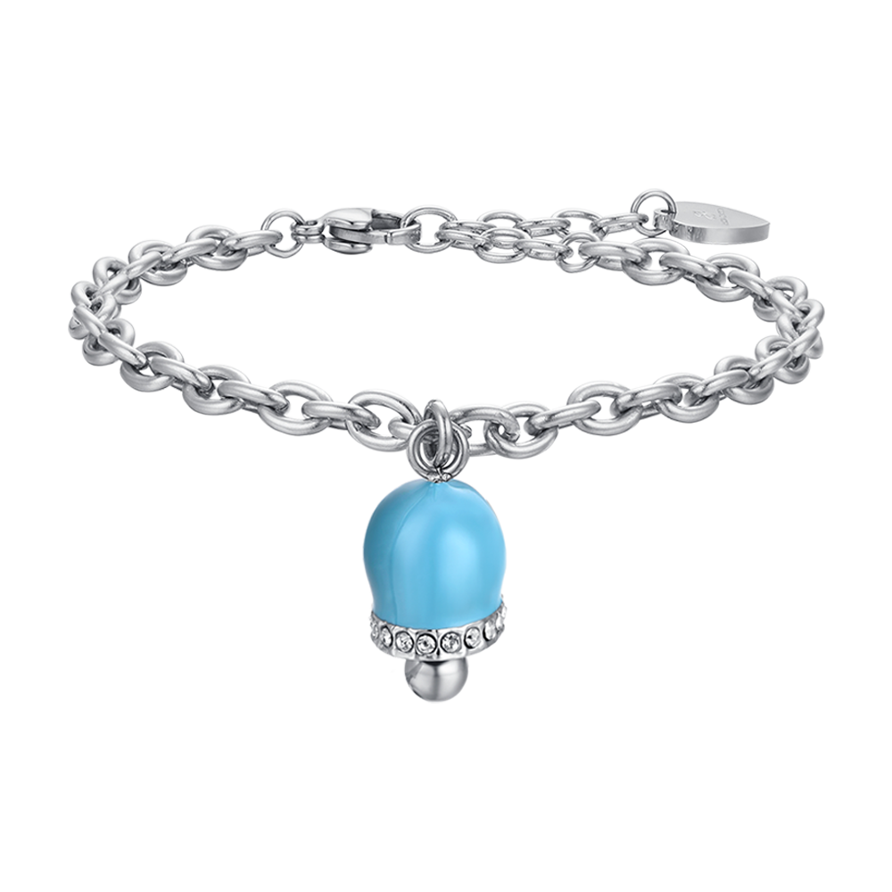 PULSERA DE ACERO PARA MUJER CON CAMPANA DE ESMALTE TURQUESA Y CRISTALES