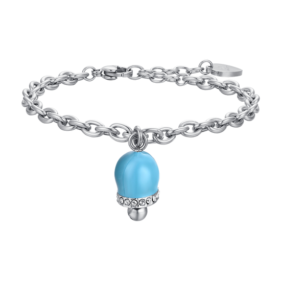 PULSERA DE ACERO PARA MUJER CON CAMPANA DE ESMALTE TURQUESA Y CRISTALES
