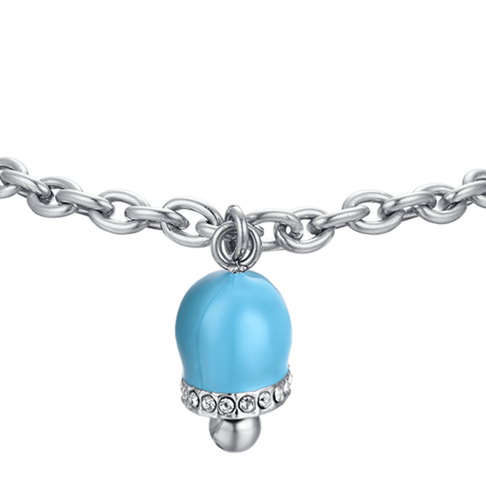 PULSERA DE ACERO PARA MUJER CON CAMPANA DE ESMALTE TURQUESA Y CRISTALES