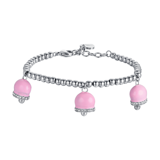 PULSERA DE ACERO PARA MUJER CON CAMPANAS DE ESMALTE ROSA Y CRISTALES BLANCOS
