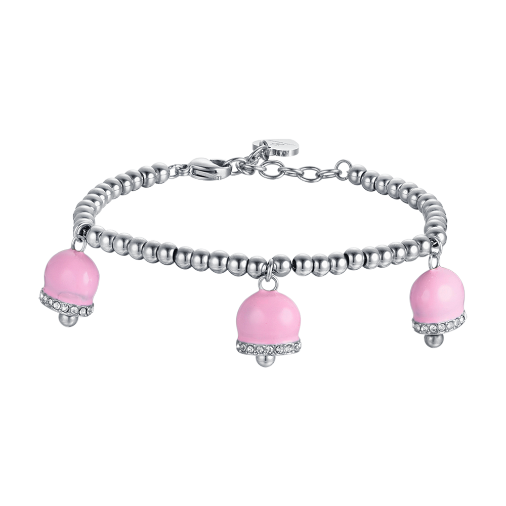 PULSERA DE ACERO PARA MUJER CON CAMPANAS DE ESMALTE ROSA Y CRISTALES BLANCOS
