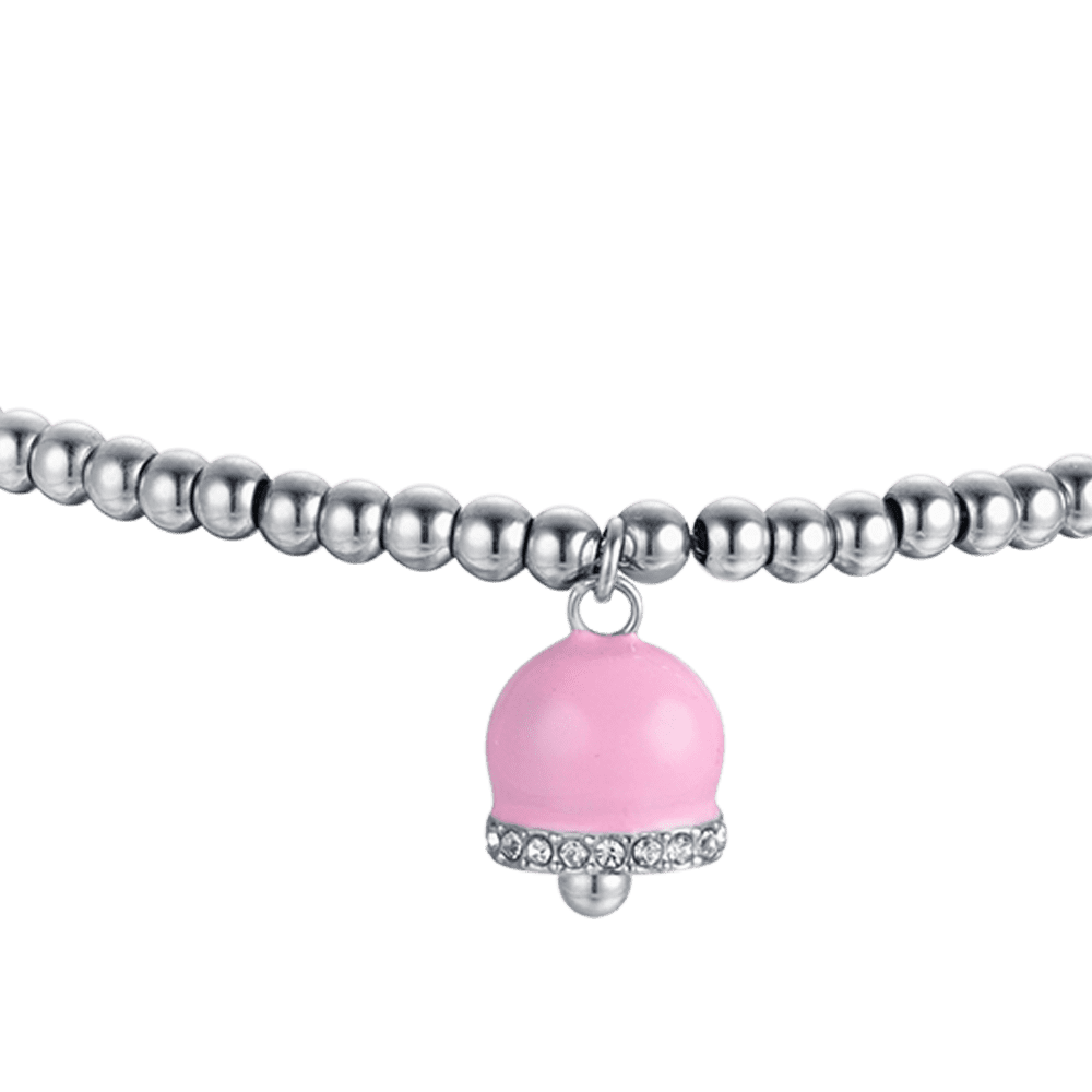 PULSERA DE ACERO PARA MUJER CON CAMPANAS DE ESMALTE ROSA Y CRISTALES BLANCOS