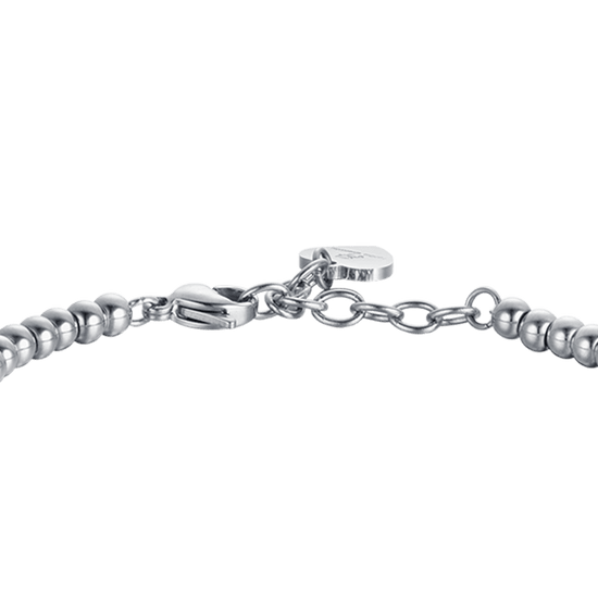 PULSERA DE ACERO PARA MUJER CON CAMPANAS DE ESMALTE ROSA Y CRISTALES BLANCOS