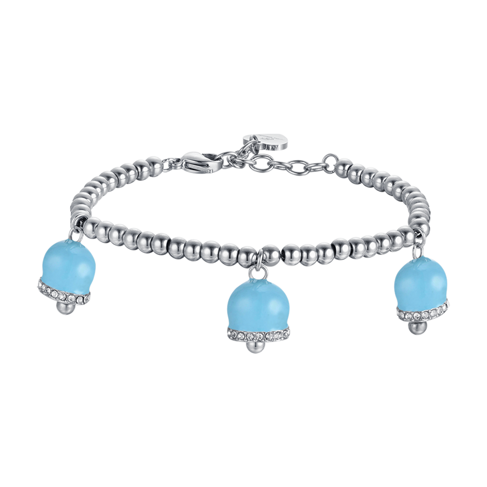 PULSERA DE ACERO PARA MUJER CON CAMPANAS DE ESMALTE TURQUESA Y CRISTALES