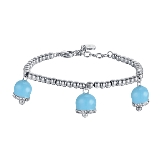 PULSERA DE ACERO PARA MUJER CON CAMPANAS DE ESMALTE TURQUESA Y CRISTALES