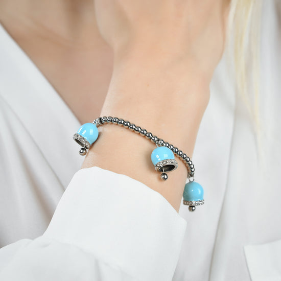 PULSERA DE ACERO PARA MUJER CON CAMPANAS DE ESMALTE TURQUESA Y CRISTALES