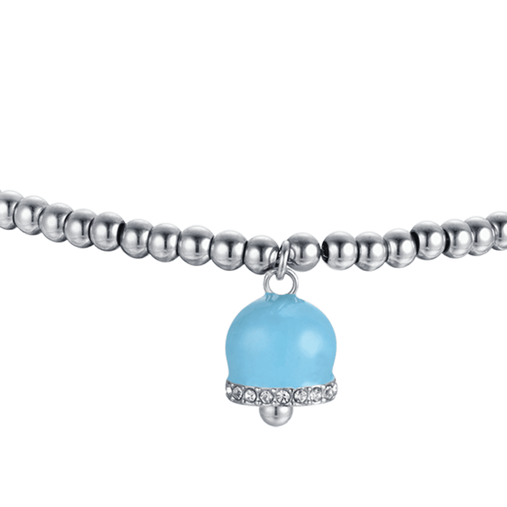 PULSERA DE ACERO PARA MUJER CON CAMPANAS DE ESMALTE TURQUESA Y CRISTALES