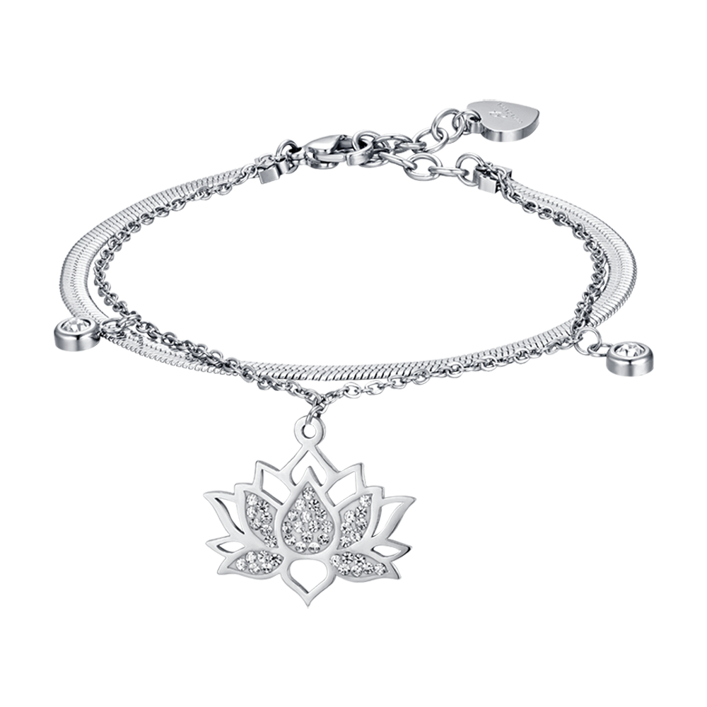 PULSERA DE ACERO PARA MUJER CON FLOR DE LOTO Y CRISTALES BLANCOS