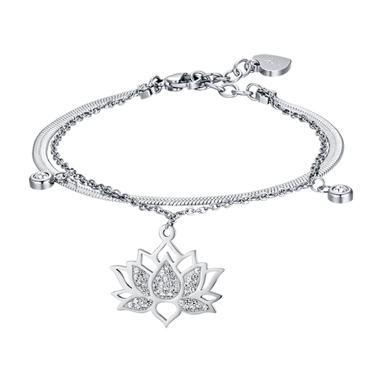 PULSERA DE ACERO PARA MUJER CON FLOR DE LOTO Y CRISTALES BLANCOS
