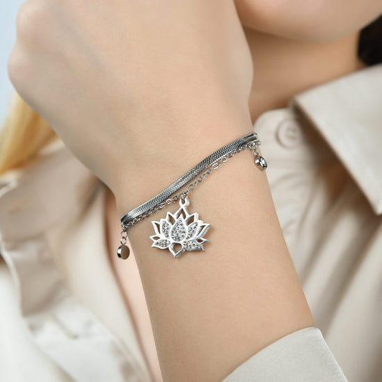 PULSERA DE ACERO PARA MUJER CON FLOR DE LOTO Y CRISTALES BLANCOS